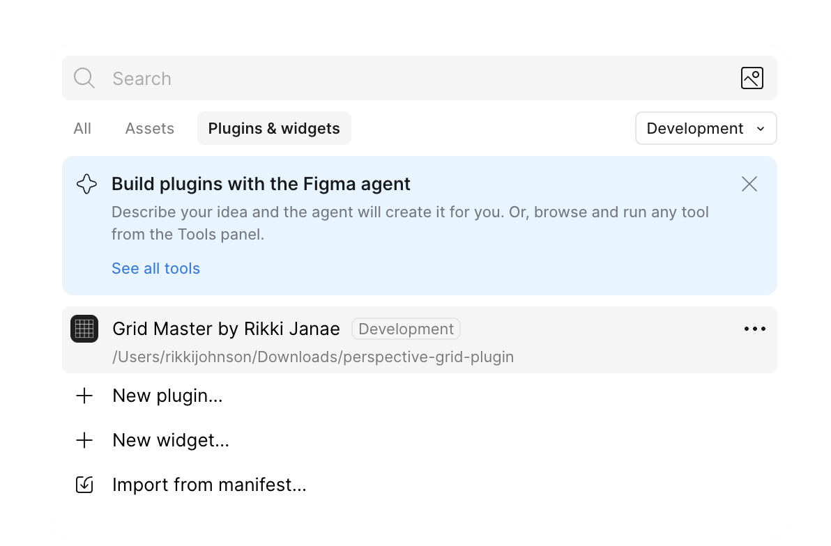 Figma's Plugins & widgets panel in Development mode, with “Import from manifest…” at the bottom